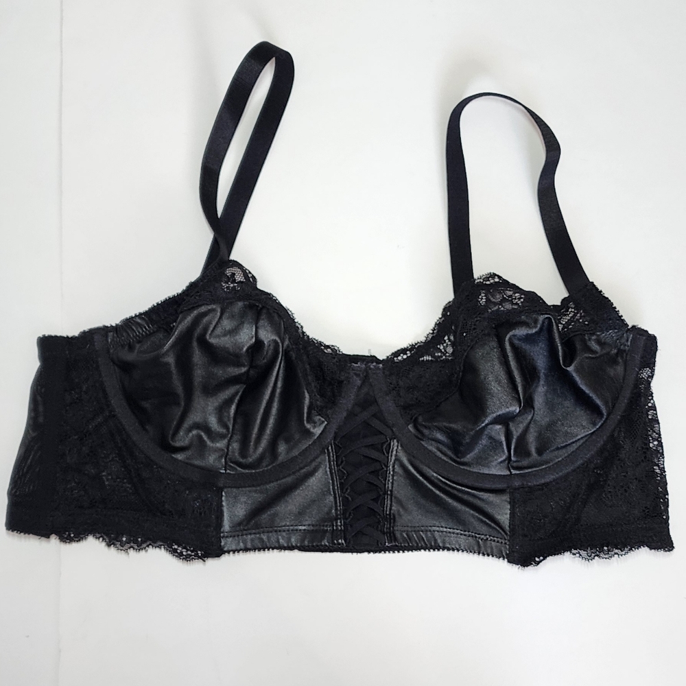 Torrid Black Faux Leather & Lace Lattice Unlined Longline Underwire Bralette/00